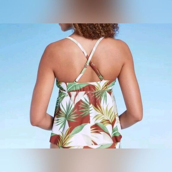 Shade & Shore L Cross Back Green Brown Leaf Print One Piece Women's Swim Top - Picture 2 of 13